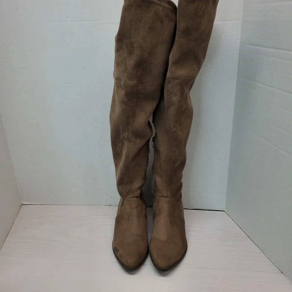 Taupe Faux Suede Over the‎ Knee Boots Pointed Toe Block Heel Tie Back Brown Boho